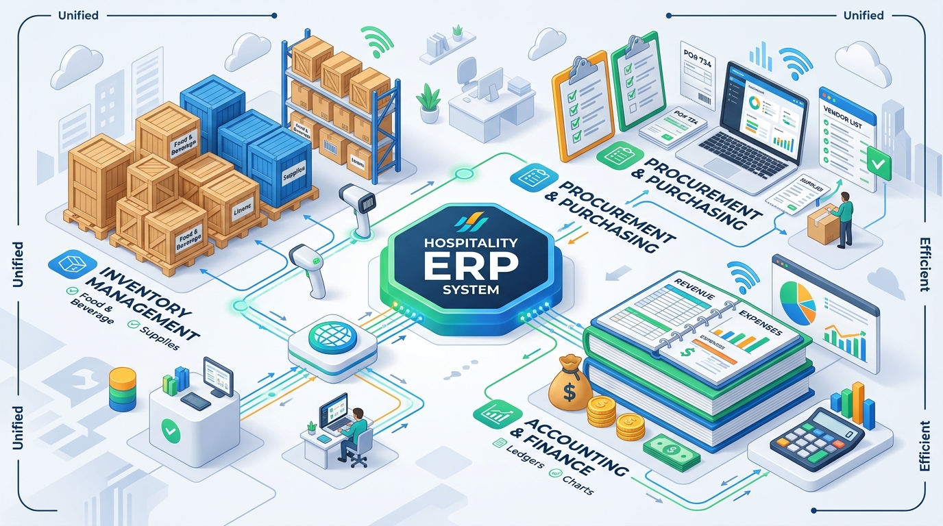 Unified OpsPilot hospitality ERP system showing inventory, procurement, accounting and finance workflows
