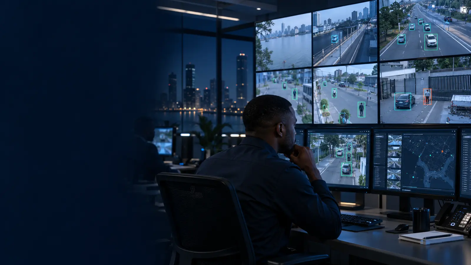 Nigerian security analyst monitoring AI-enabled surveillance cameras