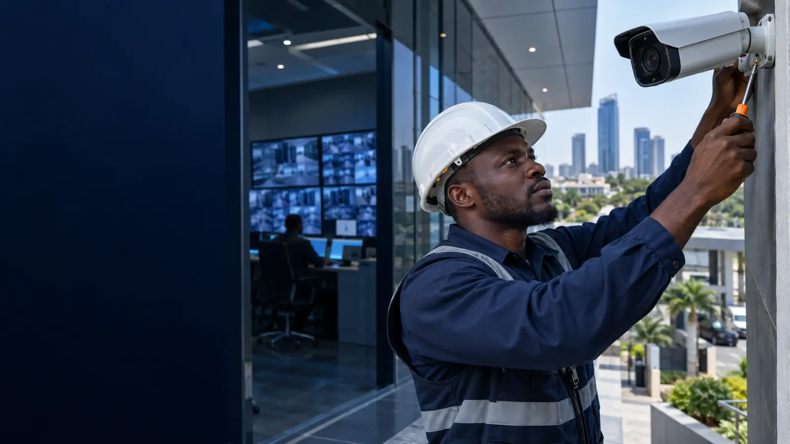 Nigerian CCTV engineer installing a commercial surveillance camera