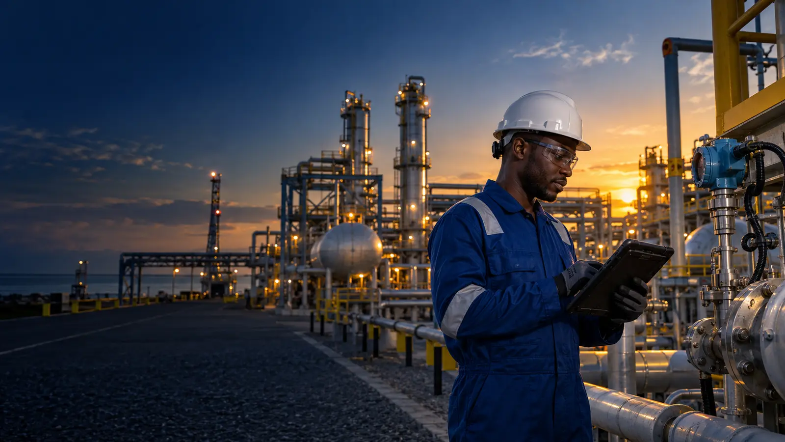 Nigerian operations engineer using smart technology at a gas facility