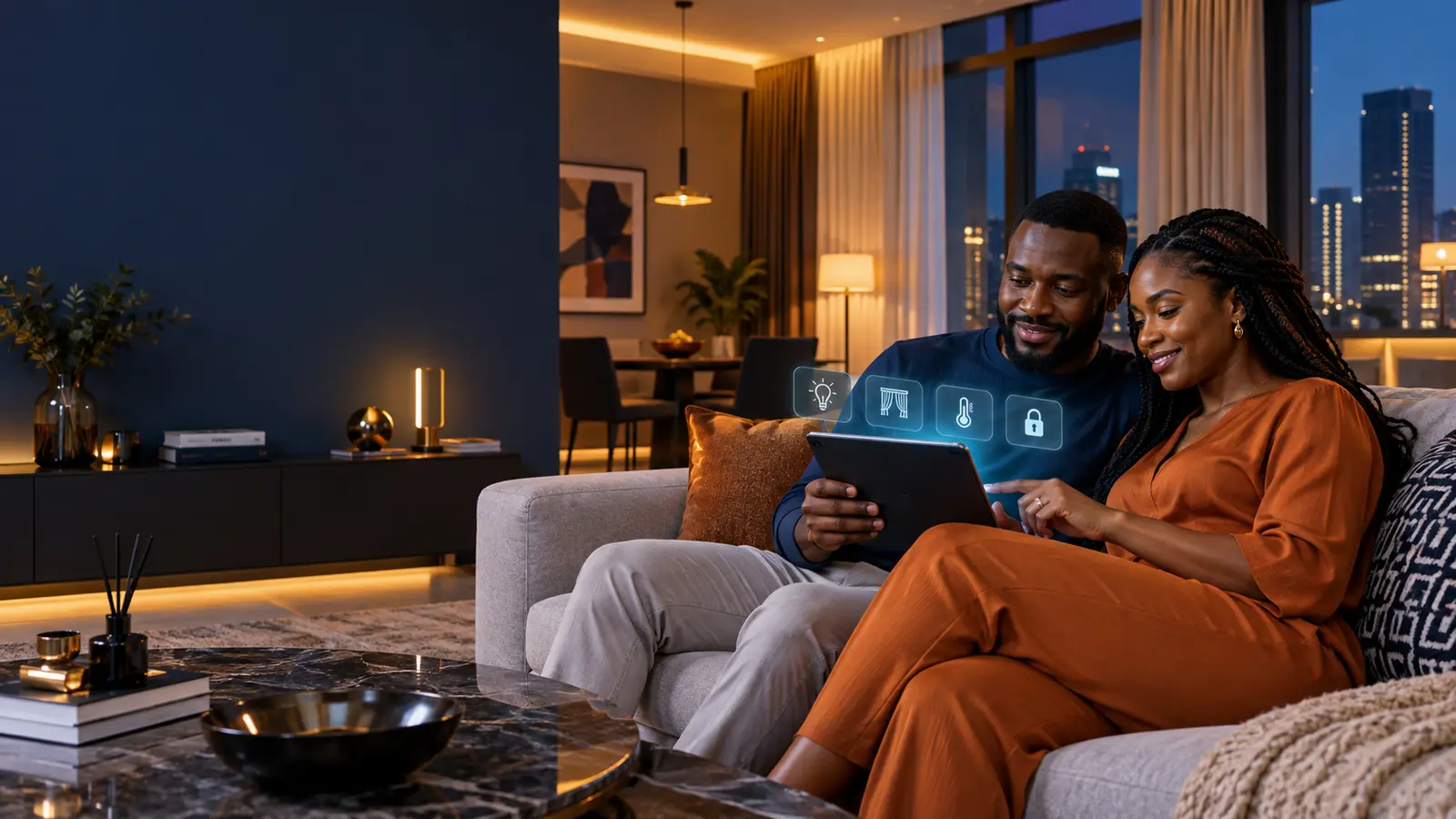 Nigerian couple controlling their smart home from a tablet
