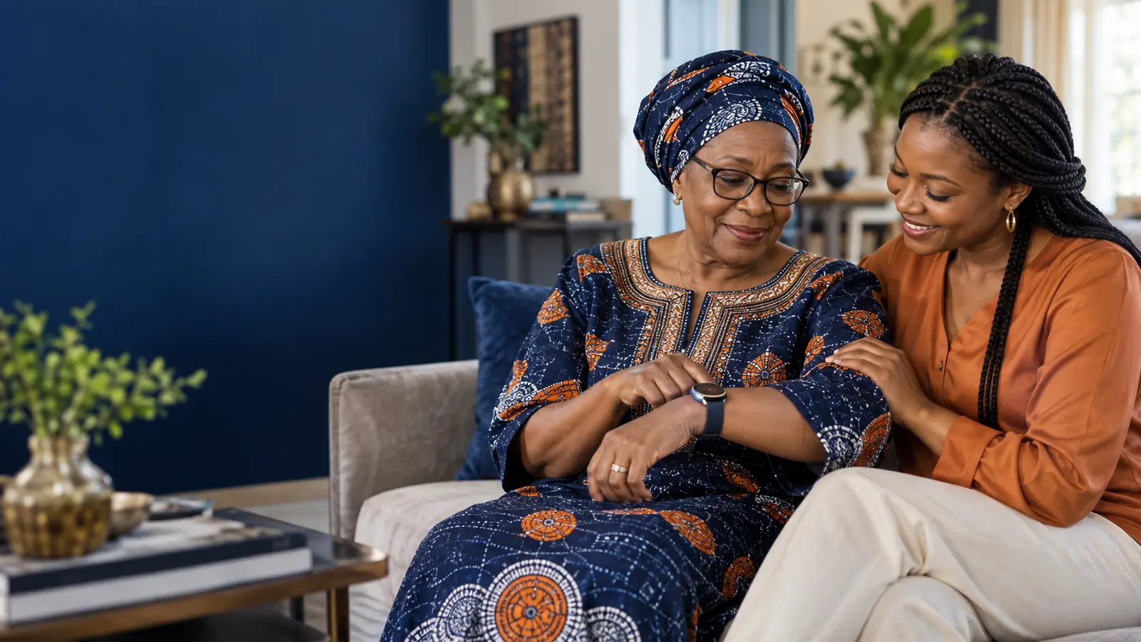 Older Nigerian woman and her daughter using a wearable safety device